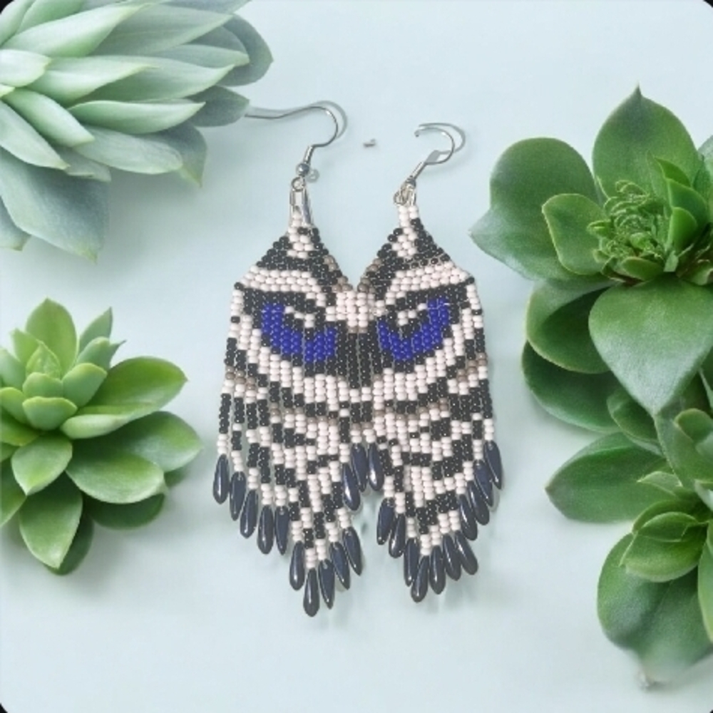 Beaded Owl Earrings - Black, Blue, White
